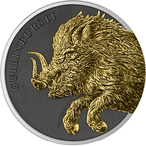 Gullinbursti Geminus silver coin showing a gold-toned boar’s head and forelegs against a dark background