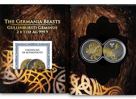 Open Gullinbursti Geminus presentation showing the dual-coin capsule and Certificate of Authenticity