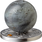 A silver coin with a spherical Stone moon and a coin base stand, The removable labradorite moon sphere, symbolizing a celestial body in a solar system collection rests on the coin base.