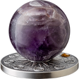 Purple amethyst sphere resting on the Saturn antique silver coin stand with astronomical symbols and digital gilding.