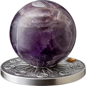 Purple amethyst sphere resting on the Saturn antique silver coin stand with astronomical symbols and digital gilding.