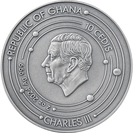 Ghana 2024 10 Cedis silver coin obverse featuring King Charles III within orbital rings.