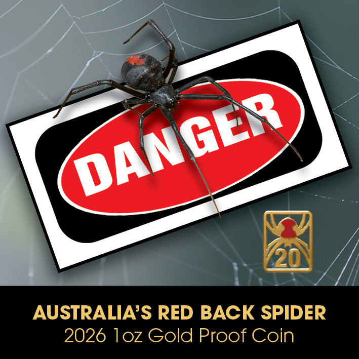 Australia's Red Back Spider 2026 1oz Gold Proof Coin with warning sign and spider illustration.