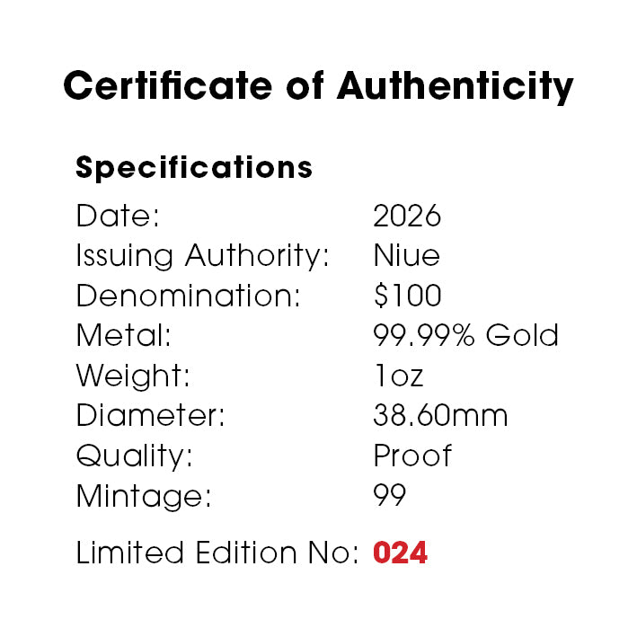 Certificate of Authenticity for a gold coin with specifications listed.