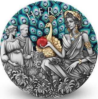 Niue 2025 $5 HERA - Divine Beauty Series - 2 Oz .999 Silver Coin with 23 x Aquamarine embedded Crystals