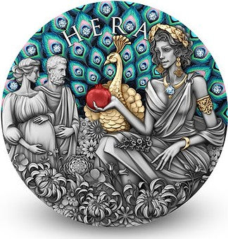 Niue 2025 $5 HERA - Divine Beauty Series - 2 Oz .999 Silver Coin with 23 x Aquamarine embedded Crystals