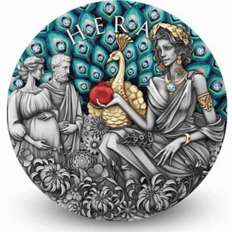 Niue 2025 $5 HERA - Divine Beauty Series - 2 Oz .999 Silver Coin with 23 x Aquamarine embedded Crystals