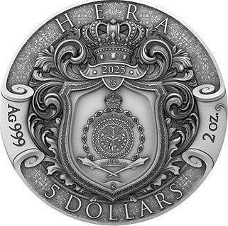 Niue 2025 $5 HERA - Divine Beauty Series - 2 Oz .999 Silver Coin with 23 x Aquamarine embedded Crystals