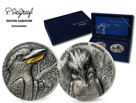 Signature Edition Kookaburra silver coin pair shown with its blue presentation case and outer packaging.