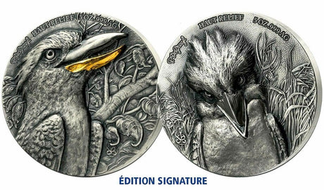 Side-by-side Kookaburra silver coins showing complementary portraits and contrasting precious-metal accents.