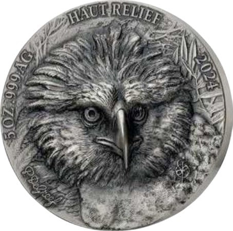 Stunning ultra-high-relief close-up of a Philippine Eagle's face on an antiqued 5 oz silver coin, showcasing intricate feather textures, a sharp curved beak, and a piercing gaze. Text inscriptions include the year '2024', weight '5 oz', and purity 'Ag .999'.