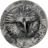 Stunning ultra-high-relief close-up of a Philippine Eagle's face on an antiqued 5 oz silver coin, showcasing intricate feather textures, a sharp curved beak, and a piercing gaze. Text inscriptions include the year '2024', weight '5 oz', and purity 'Ag .999'.