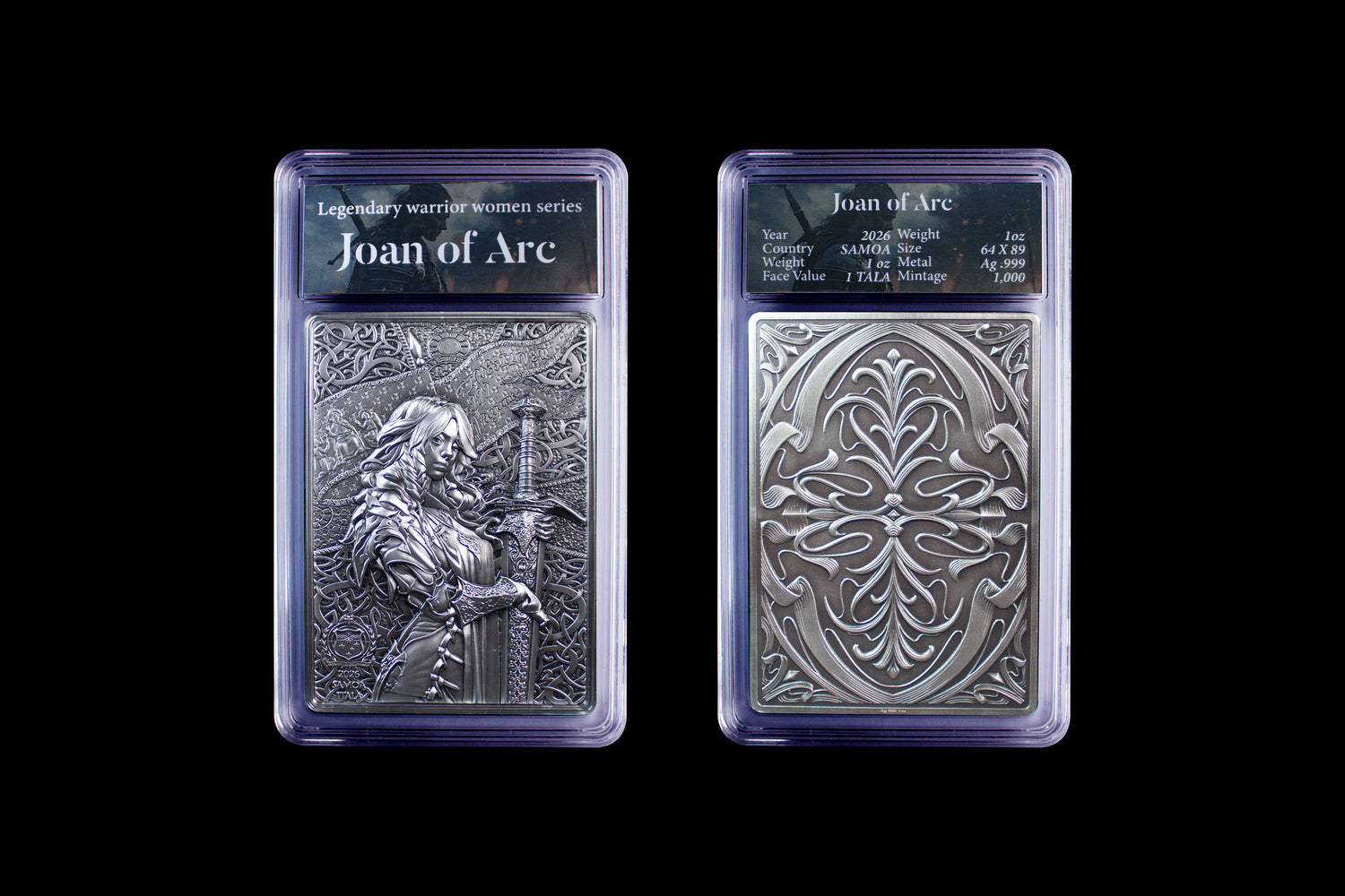 South Korea 2026 KOMSCO Legendary Warrior Women Series – Joan of Arc 1 oz .999 Silver Coin Reverse and Obverse in Acrylic Packaging.