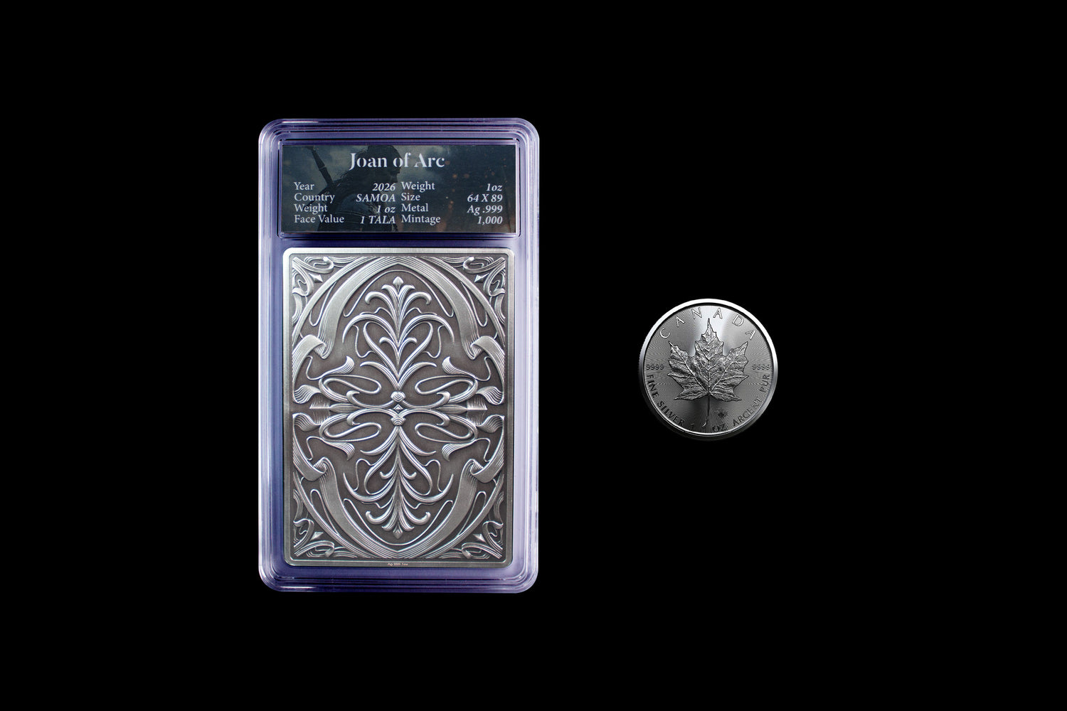 South Korea 2026 KOMSCO Legendary Warrior Women Series – Joan of Arc 1 oz .999 Silver Coin, Size Comparison against a Canadian Maple Bullion Coin.