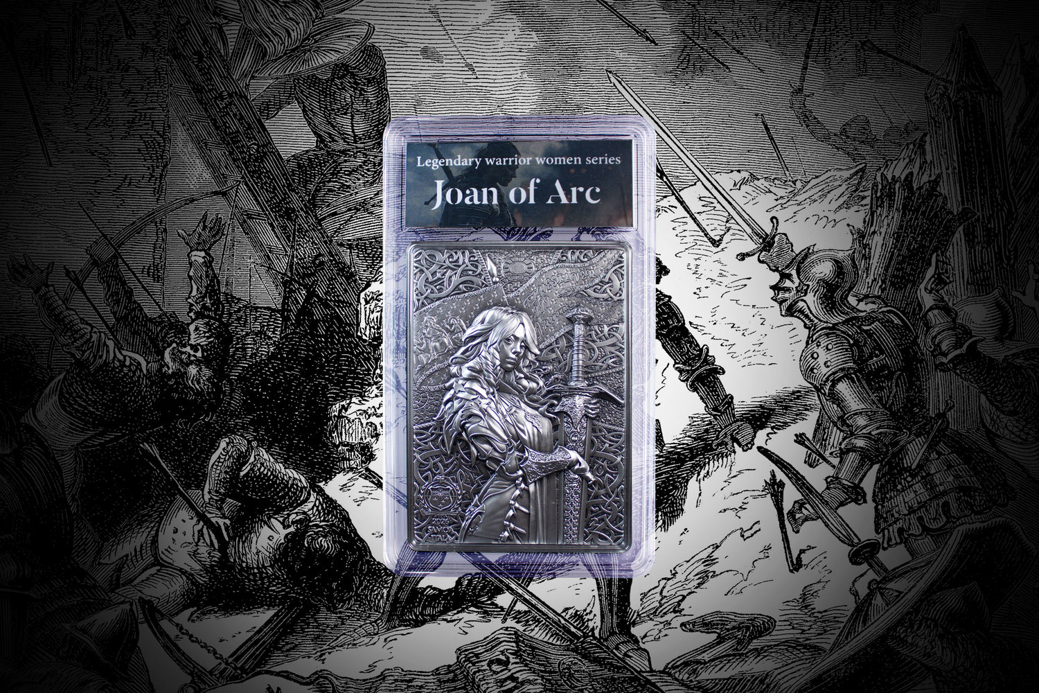 South Korea 2026 KOMSCO Legendary Warrior Women Series – Joan of Arc 1 oz .999 Silver Coin in Acrylic Packaging on Battle etching background.