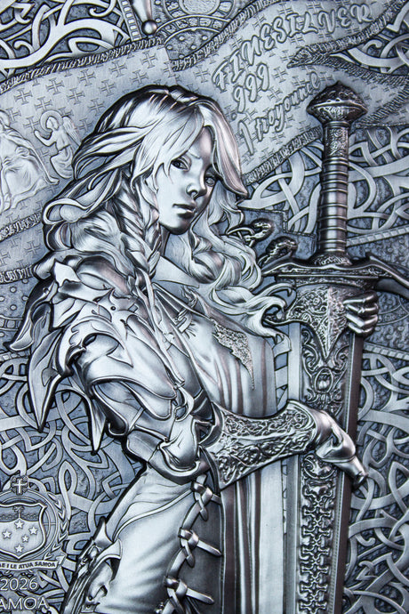 South Korea 2026 KOMSCO Legendary Warrior Women Series – Joan of Arc 1 oz .999 Silver Coin detail of St Joan's Torso and face holding Sword.