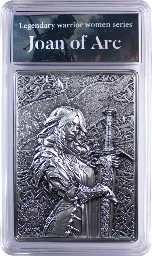South Korea 2026 KOMSCO Legendary Warrior Women Series – Joan of Arc 1 oz .999 Silver Coin Reverse and in Acrylic Packaging.