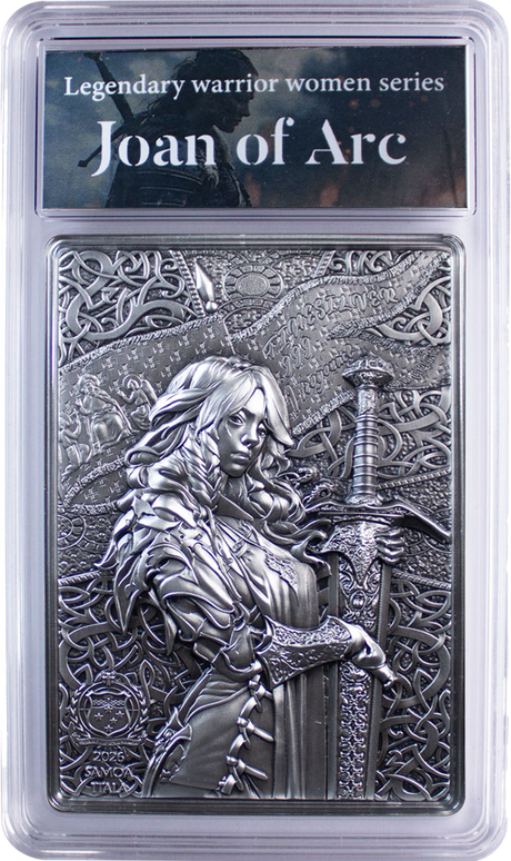 South Korea 2026 KOMSCO Legendary Warrior Women Series – Joan of Arc 1 oz .999 Silver Coin Reverse and in Acrylic Packaging.