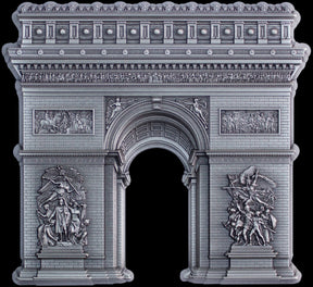 3D silver model of a Triumphal Arch with detailed sculptures on a white background