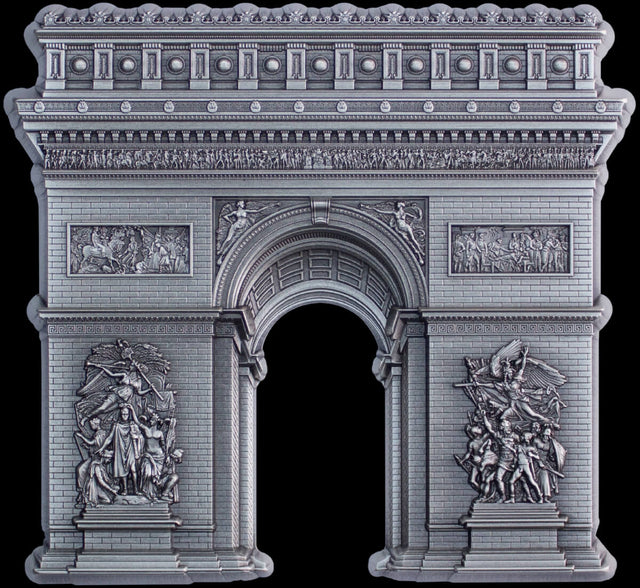 3D silver model of a Triumphal Arch with detailed sculptures on a white background