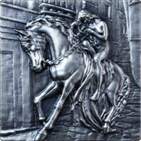 A silver coin with an antique finish depicting a historical figure on horseback, accompanied by a detailed architectural background.