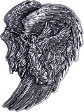 Front: Archangel Gabriel antiqued silver stacker, showing a haloed angel blowing a trumpet within a sweeping feathered-wing design.