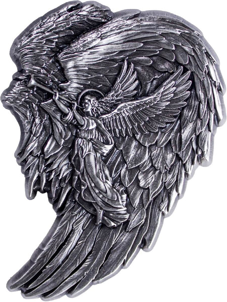 Front: Archangel Gabriel antiqued silver stacker, showing a haloed angel blowing a trumpet within a sweeping feathered-wing design.