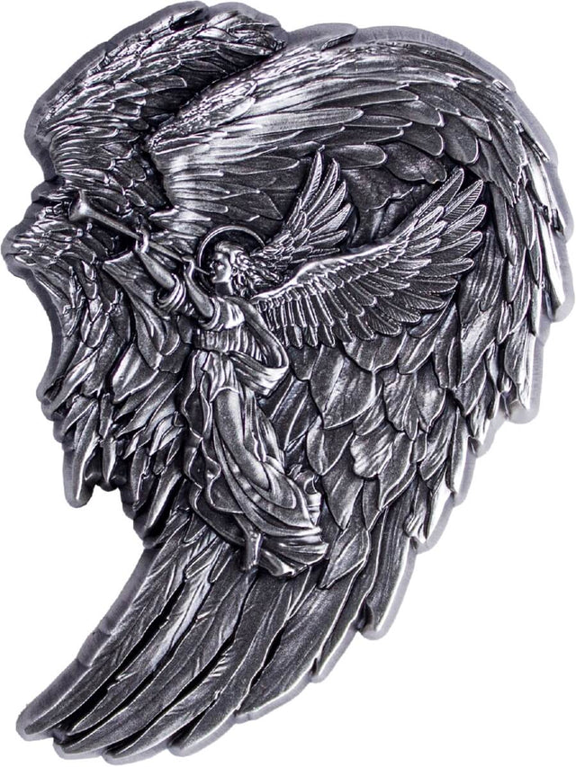 Front: Archangel Gabriel antiqued silver stacker, showing a haloed angel blowing a trumpet within a sweeping feathered-wing design.