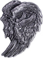 Front: Archangel Gabriel antiqued silver stacker, showing a haloed angel blowing a trumpet within a sweeping feathered-wing design.