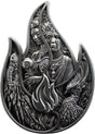 Front: Eternal Flame silver stacker showing two ornate female portraits and a feathered bird within a flame-shaped outline.