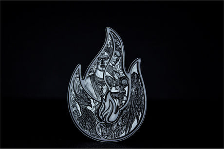 Opposite display: Opposite side of the Eternal Flame silver stacker displayed upright against a dark background.