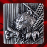 Front view on red satin: KOMSCO 2024 Furious Beasts Tiger silver stacker showing a snarling tiger with outstretched claws bursting through bamboo, against red satin.