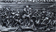 A relief sculpture in Silver depicting 'The Thinker' by Francois Auguste Rene Rodin, made of silver. The Thinker 2oz .999 silver stacker, showing the seated figure surrounded by sculpted figures across a rectangular design.