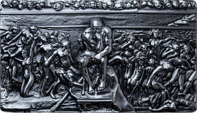 A relief sculpture in Silver depicting 'The Thinker' by Francois Auguste Rene Rodin, made of silver. The Thinker 2oz .999 silver stacker, showing the seated figure surrounded by sculpted figures across a rectangular design.