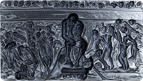Recessed side of The Thinker silver stacker, showing the mirrored seated figure and surrounding sculptural details.