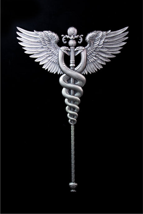 Silver caduceus symbol with wings on a black background