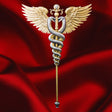 KOMSCO 2025 Winged Staff silver stacker with gilded wings and entwined silver serpents, displayed against red satin.