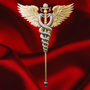 KOMSCO 2025 Winged Staff silver stacker with gilded wings and entwined silver serpents, displayed against red satin.