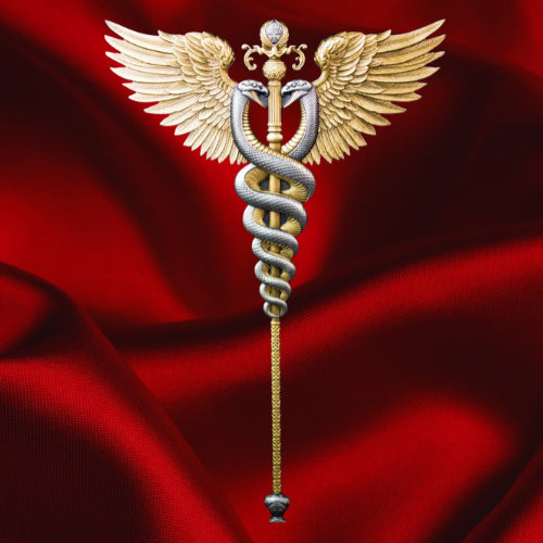 KOMSCO 2025 Winged Staff silver stacker with gilded wings and entwined silver serpents, displayed against red satin.