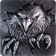 Silver collectible shaped bullion with an antique finish featuring a high relief image of an eagle in a torn metal effect.