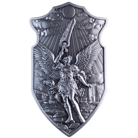 Shield of St. Uriel 2oz silver stacker showing a winged figure raising a sword beneath clouds and rays of light