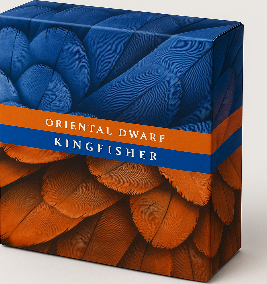 Packaging with blue and orange design featuring 'Oriental Dwarf Kingfisher' text.