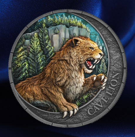 A circular antique silver  coin featuring a detailed illustration of a cave lion in a forest, with the words 'CAVE LION' engraved on the right side, set against a dark blue textured background.