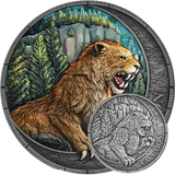 Colourful coin with a  cavelion design colour showing under UV l;ight and a smaller silver coin showing the cadesign.elion without UV light