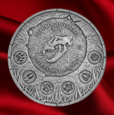 A round silver-toned coin featuring a lion skull and the text 'REPUBLIC OF LIBERIA 2026' and '20 DOLLARS 1 oz 99.99%'.
