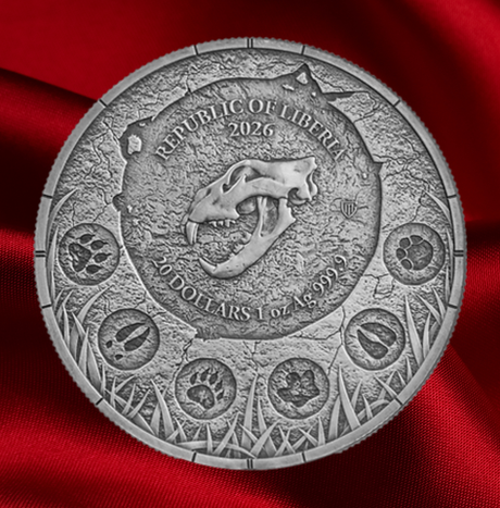 A round silver-toned coin featuring a lion skull and the text 'REPUBLIC OF LIBERIA 2026' and '20 DOLLARS 1 oz 99.99%'.