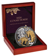 Niue 2026 $10 LUNAR HORSE Gold Plated .999 Silver 5 oz Black Proof Edge Numbered