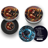 A circular decorative coin or medallion featuring a Day of the Dead-style woman with sugar skull makeup, red roses, black lace clothing, a black panther, and Spanish text reading '1 ONZA PLATA PURA 2024 999' and 'LEY 999'. The Coin is in an open Tin Case. A Colsed Tin Case sits next to it and below is a certificate of Authenticity.