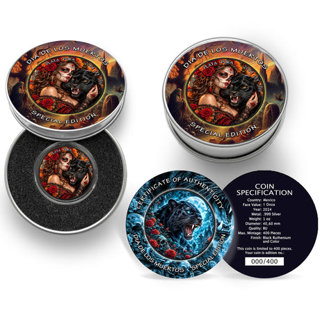 A circular decorative coin or medallion featuring a Day of the Dead-style woman with sugar skull makeup, red roses, black lace clothing, a black panther, and Spanish text reading '1 ONZA PLATA PURA 2024 999' and 'LEY 999'. The Coin is in an open Tin Case. A Colsed Tin Case sits next to it and below is a certificate of Authenticity.