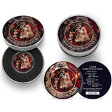 A circular decorative coin or medallion featuring a Day of the Dead-style woman with sugar skull makeup holding a Martini gloss with red fluid.. A hooded skeleton embraces her cheek. The text '1 ONZA PLATA PURA 2024 LEY .999' around the border of the coin. The Coin is in an open Tin Case. A Colsed Tin Case sits next to it and below is a certificate of Authenticity